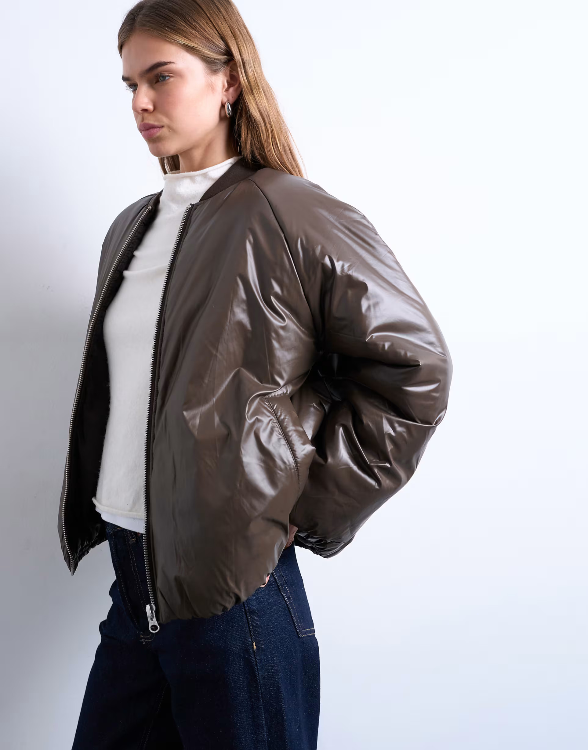 Topshop high shine padded bomber jacket in chocolate | ASOS (Global)