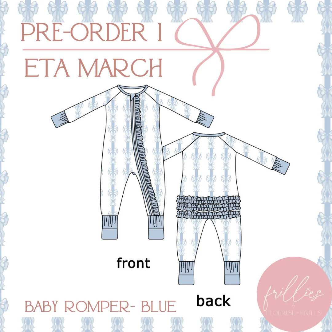 The Hampton Baby Bow Romper- Blue | Flourish in Frills