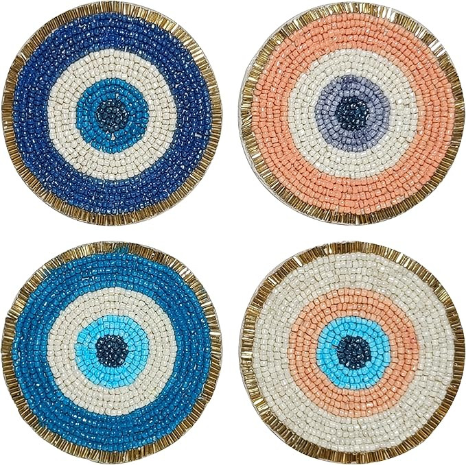 Set of 4 Evil Eye Beaded Farmhouse Coasters - 4" Round Boho Drink Coasters, Table Décor for Bar,... | Amazon (US)