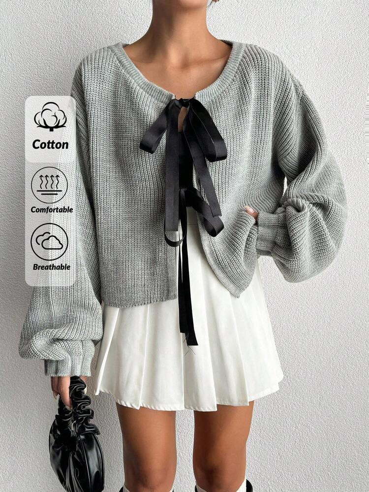 Casual Bowknot Chunky Knit Cardigan, Spring & Autumn | SHEIN