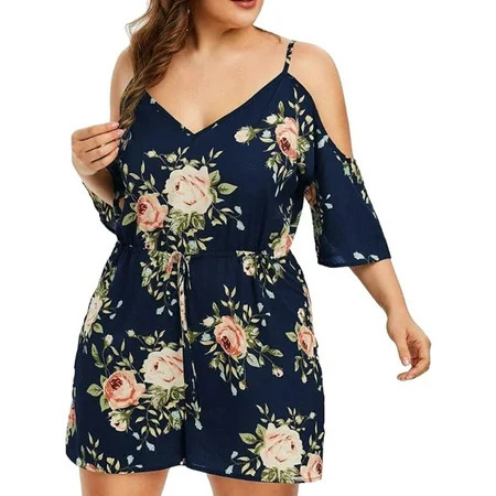Colisha XL-5XL Bohemian Jumpsuits for Women Off Shoulder Outfits Summer Floral Short Casual Drawstri | Walmart (US)