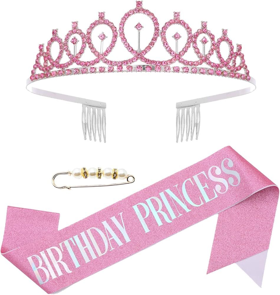 Birthday Crown Sash for Girl,Pink Birthday Princess Sash Headband Set | Amazon (US)
