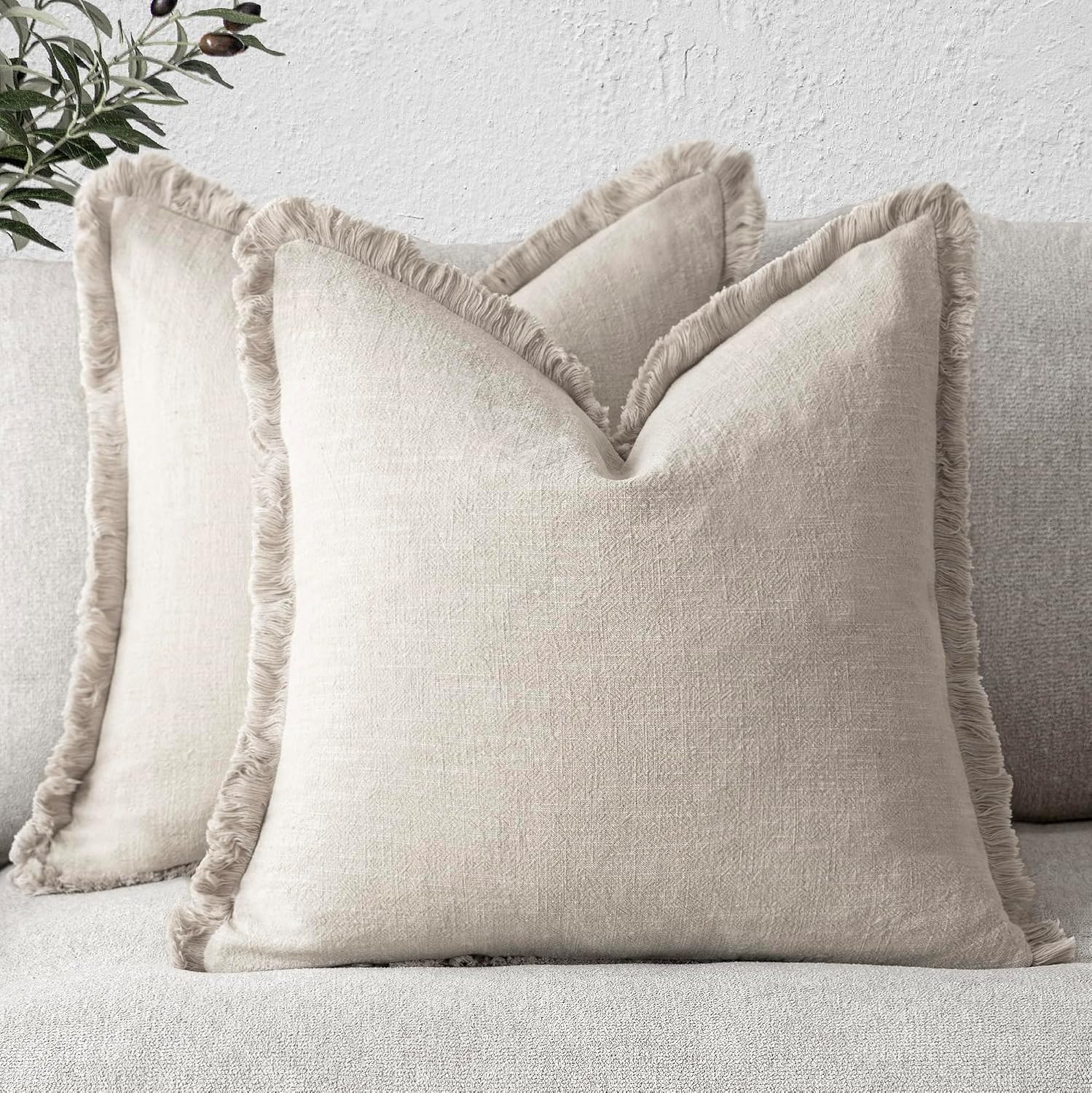 Foindtower Decorative Linen Fringe Throw Pillow Covers 24×24 Inch,Beige | Amazon (US)