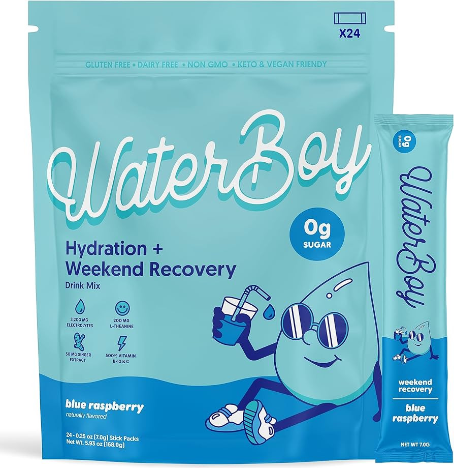 Waterboy Weekend Recovery | 3,200mg Electrolyte Powder Packets | Ginger + L-Theanine + Vitamins |... | Amazon (US)