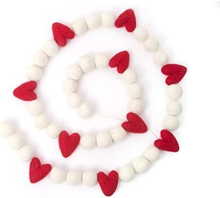 Glaciart One Valentine Felt Ball Garland with Red Hearts - Handmade in Nepal Using New Zealand Wool  | Amazon (US)
