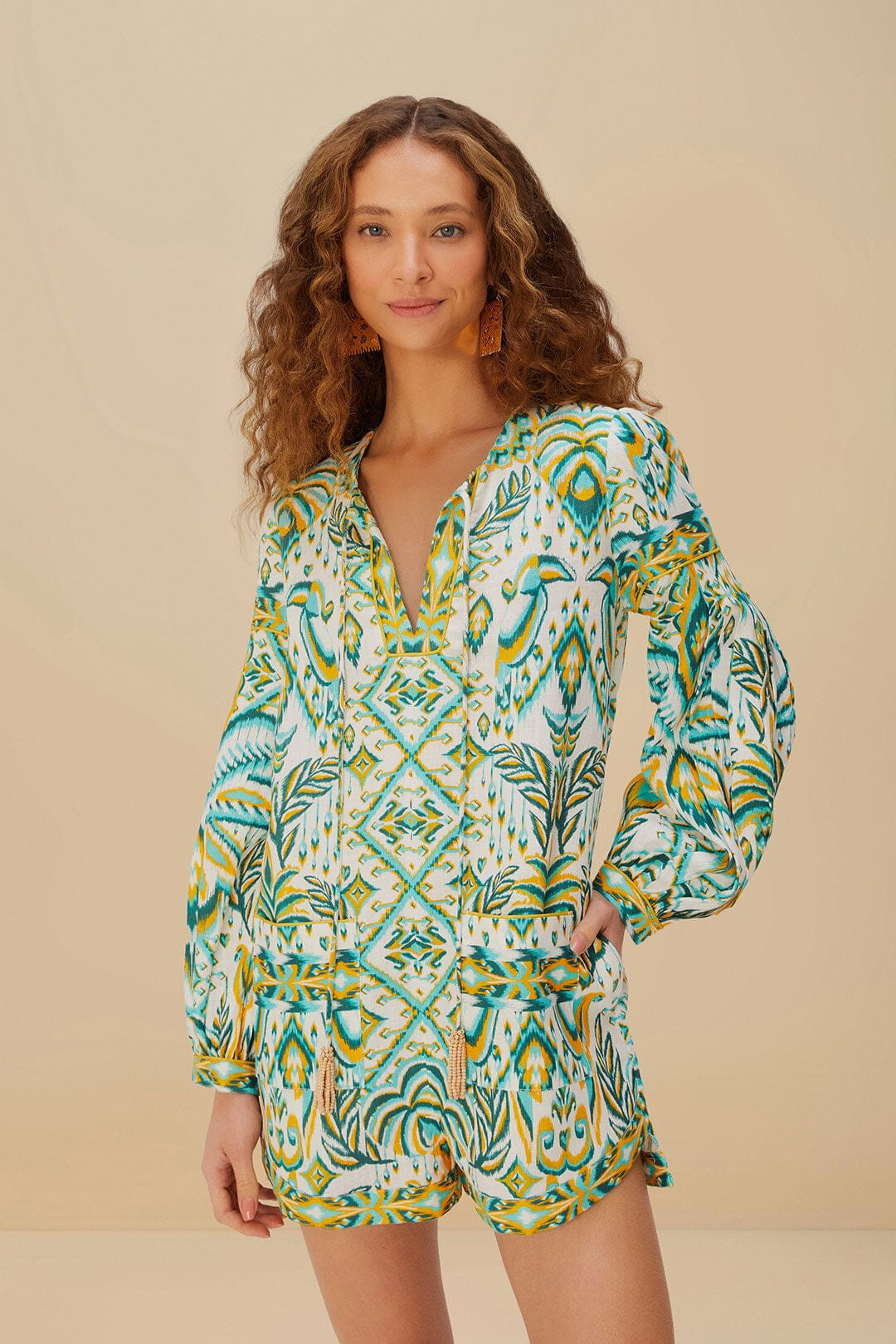 Off-White Tropical Tapestry Euroflax™ Premium Linen Romper | FarmRio (US)