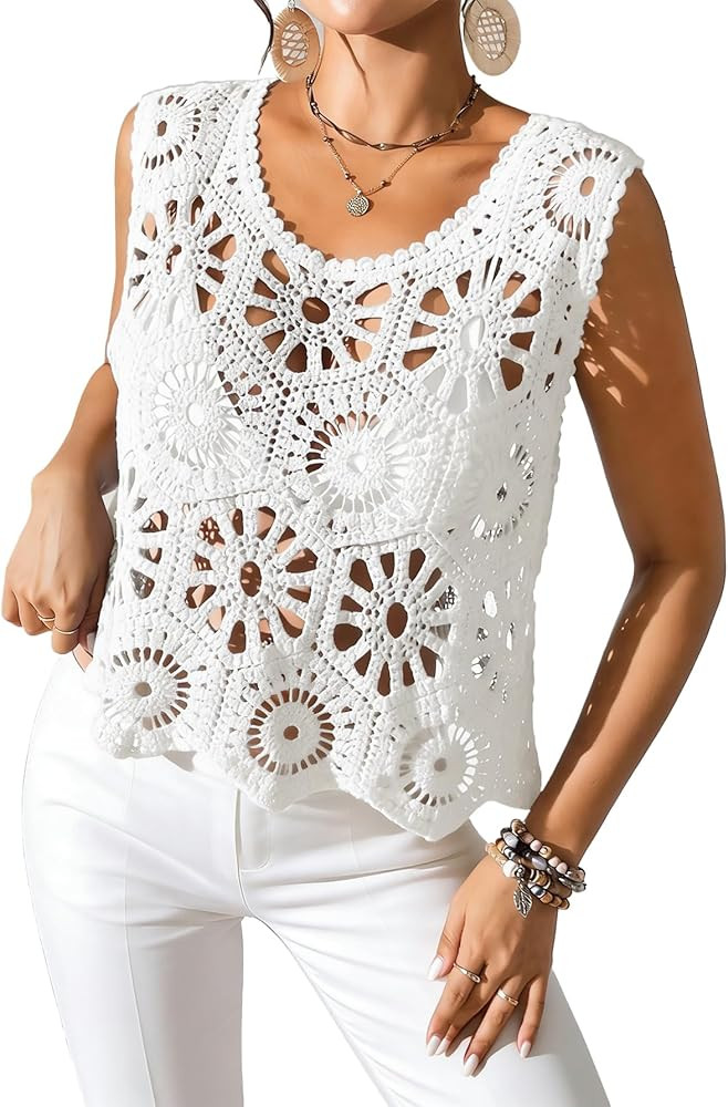 miduo Womens Boho Hollow Out Loose Knit Crochet Top Scoop Tank Tops Sleeveless Cami Shirts Beachw... | Amazon (US)