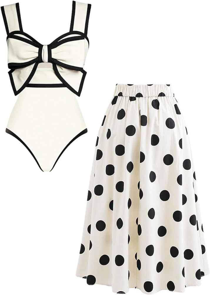 FLAXMAKER Black and White Bow-tie Decor One Piece Swimsuit and Skirt | Amazon (US)