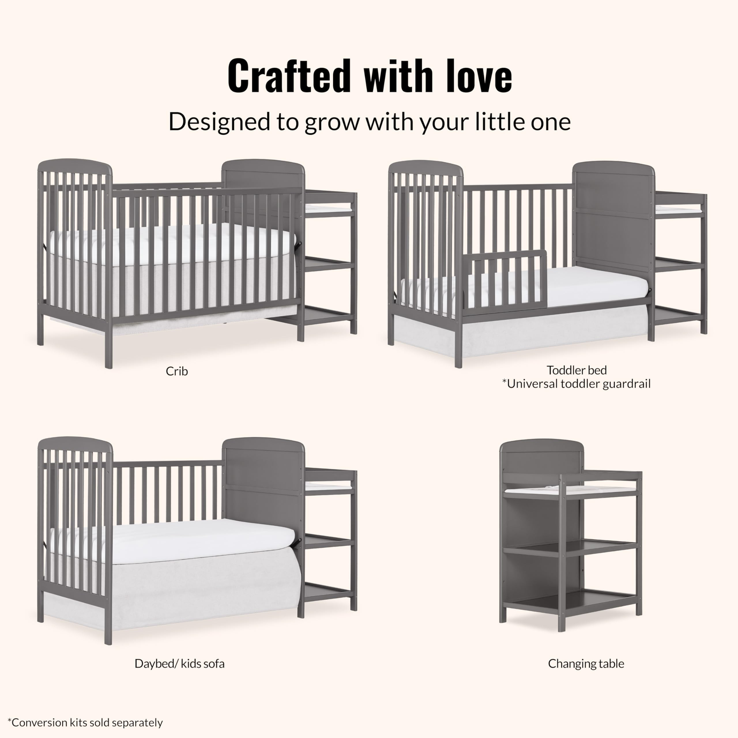 Dream On Me Anna 3-in-1 Convertible Full-Size Baby Crib & Changer with Storage in Steel Grey, Gre... | Amazon (US)