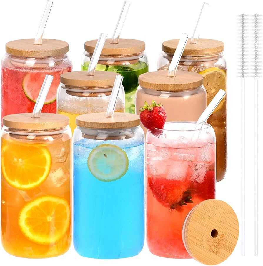 Finew 8PCS Drinking Glasses with Bamboo Lids and Straws, Glass Cups Set, 16oz Beer Can Shaped Gla... | Amazon (US)