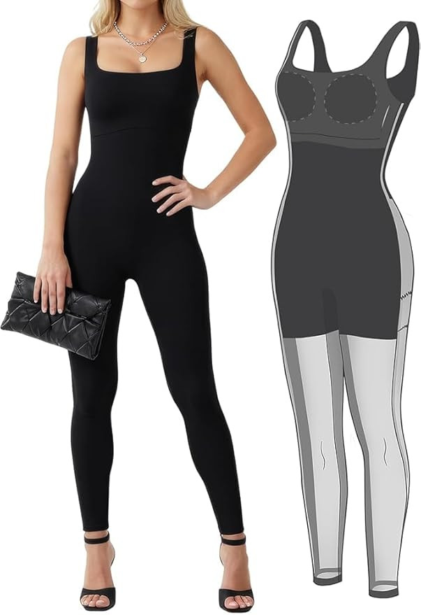 Popilush Shapewear Jumpsuits for Women Built-in Bra Tummy Control Bodysuit Square Neck Sport Romp... | Amazon (US)