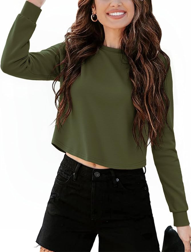 Totatuit Women Cute Long Sleeve Crop Tops Casual Crewneck Cropped Sweatshirts Fall Tshirts Boxy A... | Amazon (US)