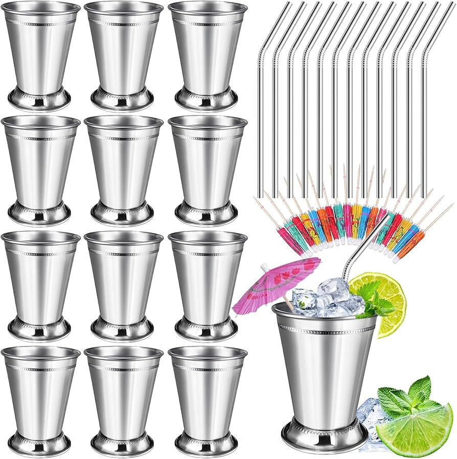 12 Sets Mint Julep Cups Silver with Straws 12 oz Stainless Steel Drinking Cups Beaded Mint Julep ... | Amazon (US)