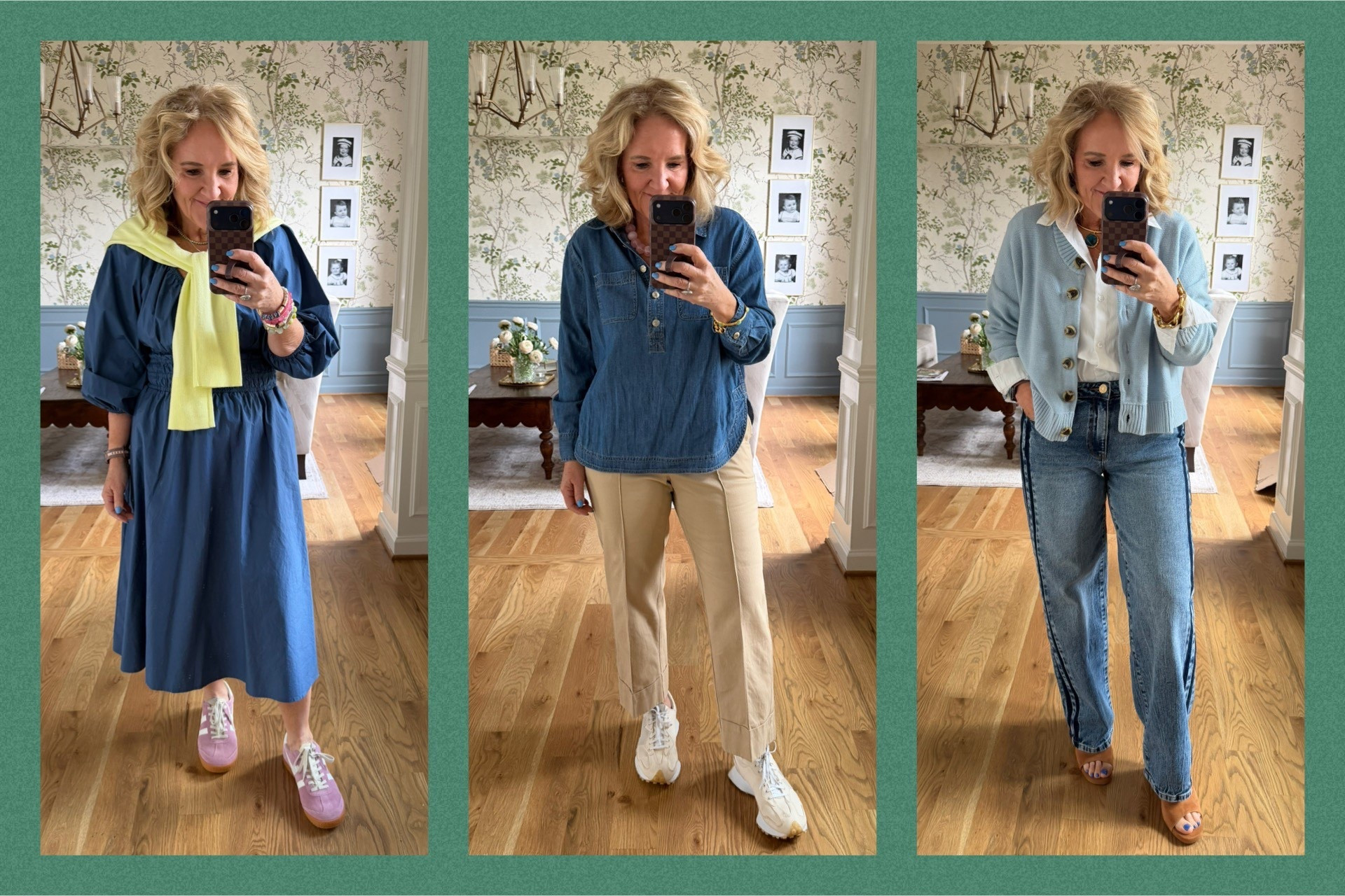 A few outfits from this week 
Talbots khakis size 8 Petite 
Denim top size medium petite 
Quince sweater size medium 
Track stripe jeans size 6
White boots size small 
Loft dress size medium petite 
Sweater size medium 
Pink sneakers tts 
20% off my bracelet stack 
