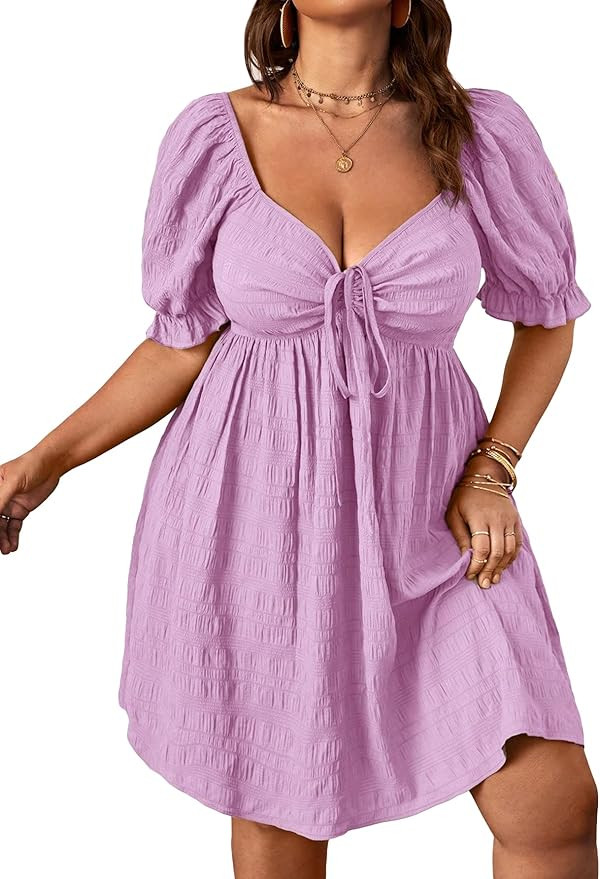 SOLY HUX Womens Plus Size Summer Dresses Sweetheart Neck Puff Short Sleeve Tie Swing A Line Midi ... | Amazon (US)