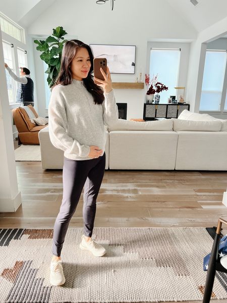 Athleisure winter outfit on sale! My leggings are 40% off. Normally wear size XS, but sized up to medium for maternity. They are soft, comfortable and high waisted  Pairing with a cashmere zip up and sneakers  

#LTKfit #LTKFind #LTKsalealert