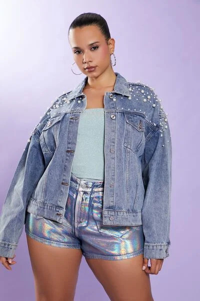 Plus Size Faux Pearl Denim Jacket | Forever 21