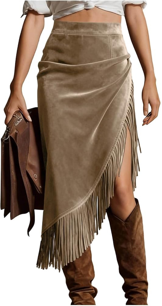 HGps8w Women's Fringe Suede Maxi Skirt Western Style Asymmetric Ruched Bodycon Side Slid Cowgirl ... | Amazon (US)