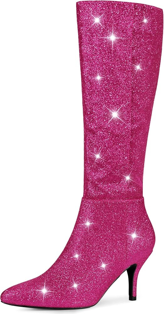 Allegra K Women's Sparkle Glitter Pointy Toe Stiletto Heel Knee High Boots | Amazon (US)