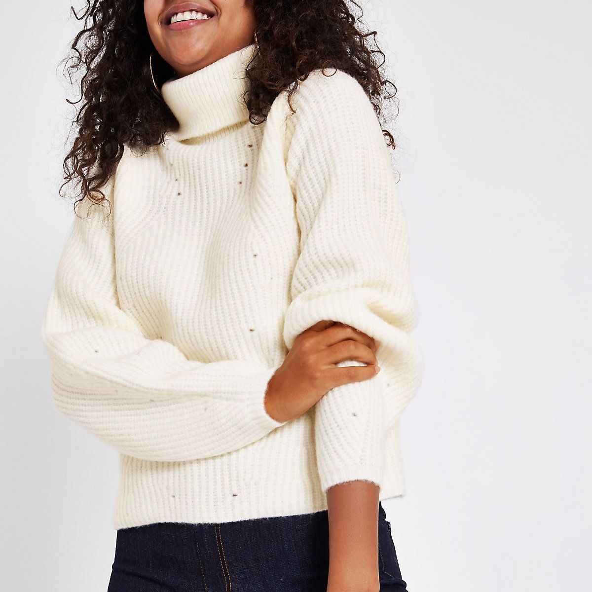 Cream knit roll neck sweater | River Island (UK & IE)