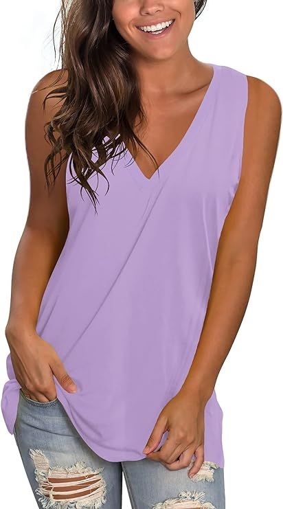 SAMPEEL Women's Summer Tank Tops Basic Tanks V Neck Sleeveless T Shirts Side Split | Amazon (US)