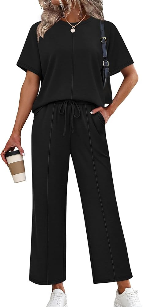 Two Piece Sets for Women Summer Oversized Short Sleeve Wide Leg Pants Lounge Travel Vacation Outf... | Amazon (US)