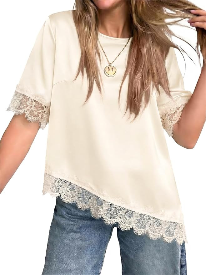 Tankaneo Womens Satin Silk Blouse Short Sleeve Loose Fit Lace Top Summer Dressy Casual Asymmetric... | Amazon (US)
