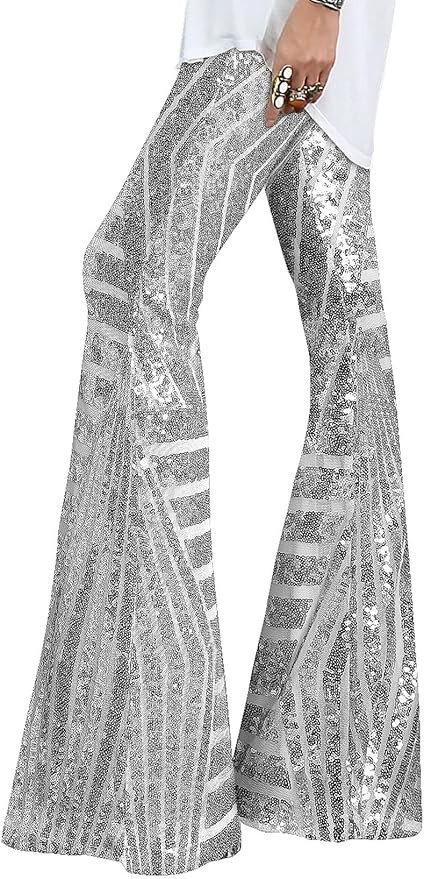 EVALESS Women Sequin Pants Sparkly Glitter High Waisted Wide Leg Flare Trousers Bell Bottom Night... | Amazon (US)