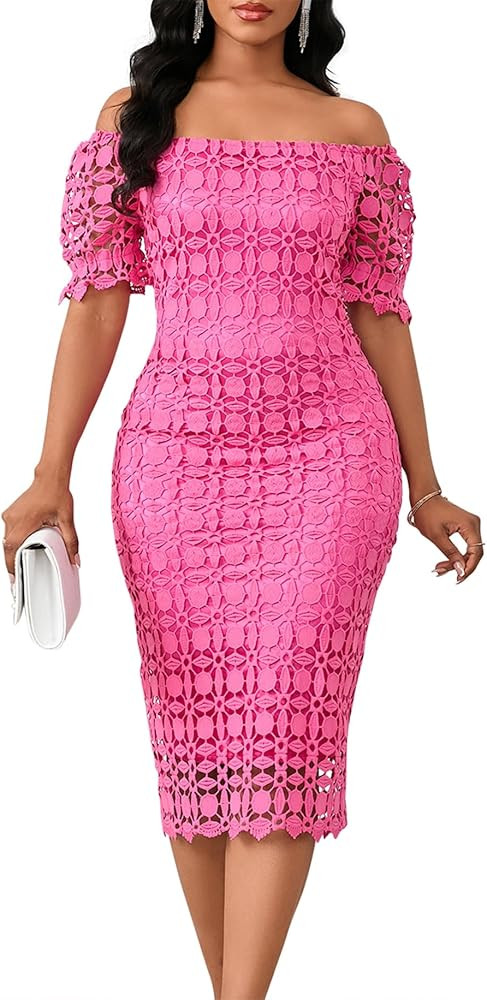 Cololura Elegant Sexy Floral Lace Short Sleeve Off Shoulder Evening Gown Party Formal Bodycon Mid... | Amazon (US)