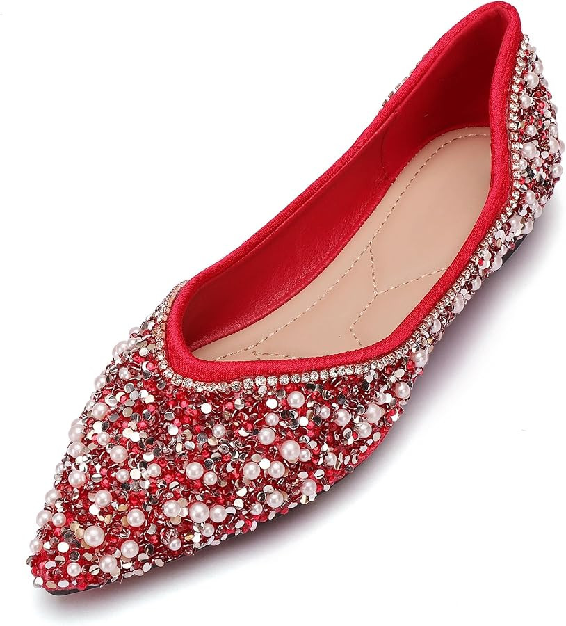 Women's Rhinestone Flats Fashion Pointed Toe Pearl Diamond Low Heel Dress Wedding Flats Work Busi... | Amazon (US)