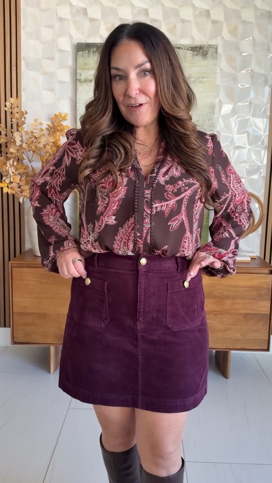 Paisley blouse + plum corduroy mini skirt 🍂 Add knee-high boots and this outfit is fall perfection! Love the rich jewel tones together 🍷

Sizing: Blouse tts, L | Skirt runs a little small, 12  | Boots tts
