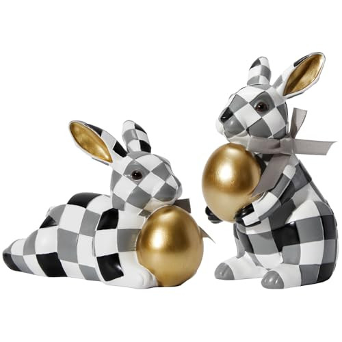 WDS WONDROUS Easter Decorations Bunny Figurines Set, Black White Checkerboard with Gold Egg & Grey Bow - Vintage Luxury Resin Home Decor for Mantel, Shelf, Office Spring Wedding Gift | Amazon (US)