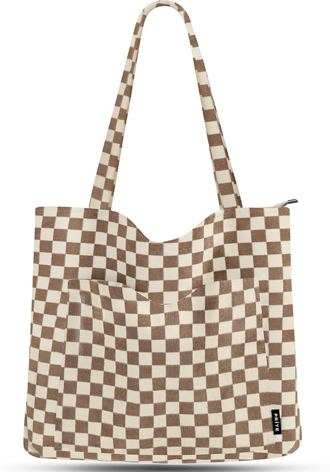 Prite Corduroy Tote Bag for Women Large Shoulder Bag with Zipper and Pockets for College Work Tra... | Amazon (US)