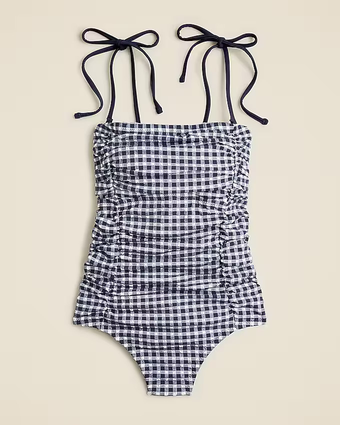 Ruched tie-shoulder one-piece swimsuit in classic gingham | J. Crew US