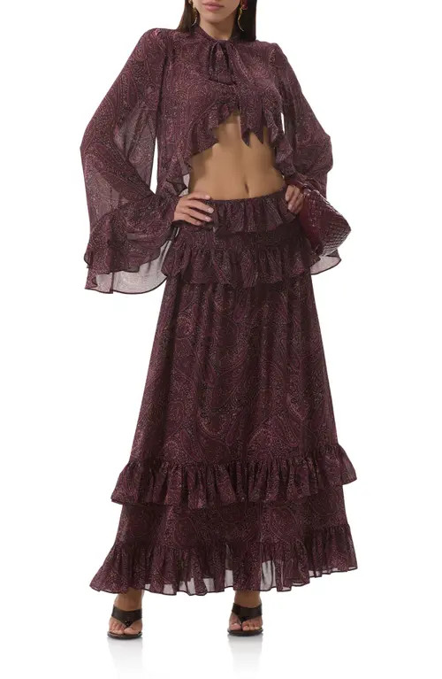 AFRM Aldora Paisley Bell Sleeve Crop Top in Chocolate Paisley at Nordstrom, Size Small | Nordstrom