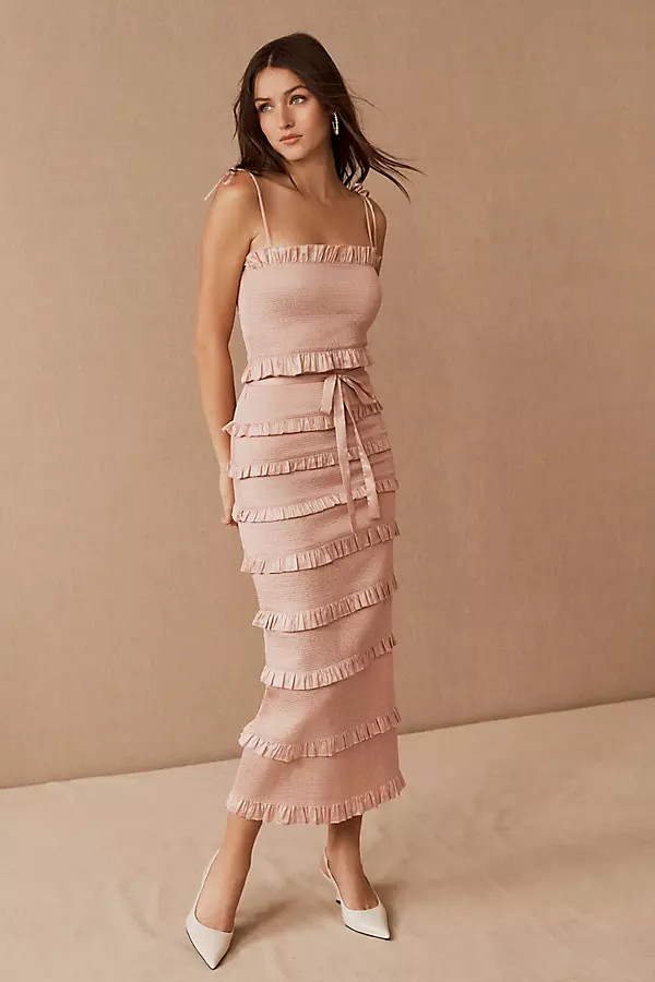 V. Chapman Lily Ruched & Ruffled Stretch Midi Dress By V. Chapman in Pink Size 8 | Anthropologie (US)