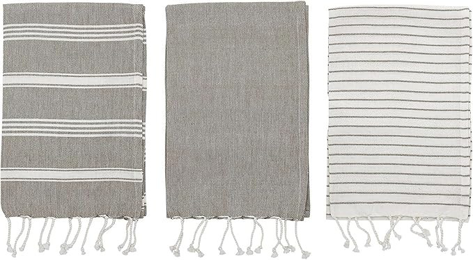 Bloomingville Woven Cotton Striped Tea Tassels (Set of 3) Towels, Grey | Amazon (US)
