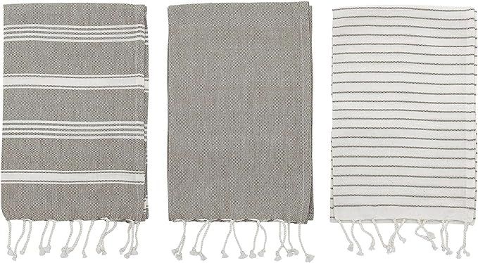 Bloomingville Woven Cotton Striped Tea Tassels (Set of 3) Towels, Grey | Amazon (US)