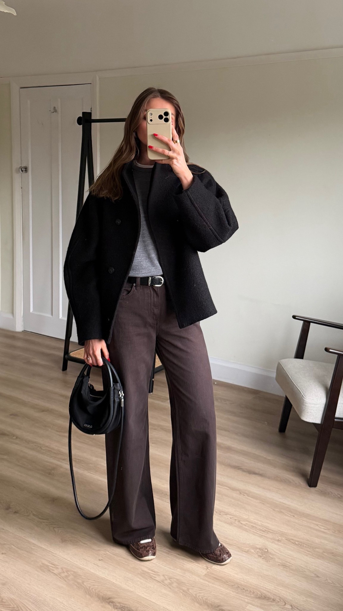 & other stories crew neck white t-shirt - size small
True to size

Uniqlo thermal leggings

Abercrombie wide leg jeans in brown. W25 Regular length
I’m 5ft 6

Uniqlo 100% Merino Crew Neck Jumper - size small
True to size

Black leather belt silver buckle - exact is older Isabel Marant so I’ve linked similar

Older River Island silver earrings sos similar styles linked

& Other Stories ASYMMETRIC WOOL JACKET - size small
Exact & similar linked 

Adidas Japan snakeskin trainers

Bag is older Ganni, it’s the ‘mini knot bag’ not available anymore
Similar-ish linked 


