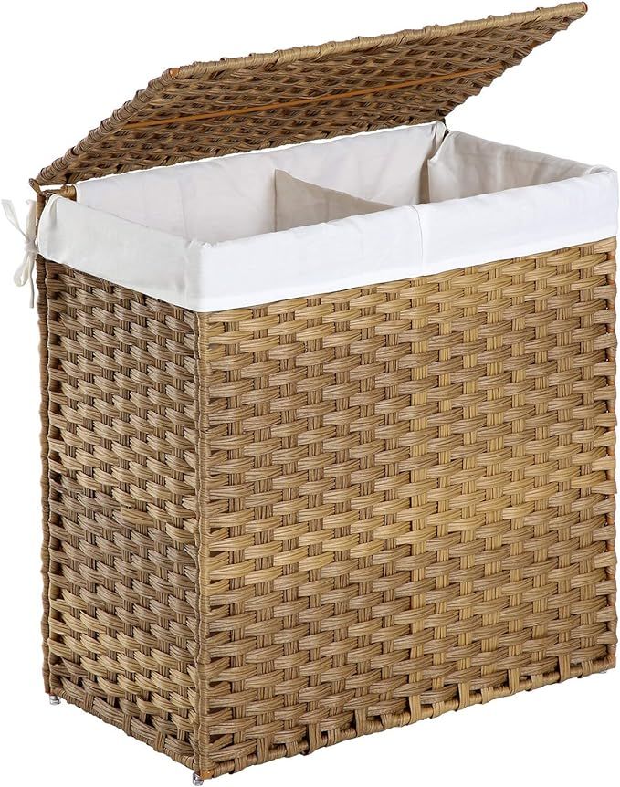 SONGMICS Divided Laundry hamper, 29 Gal (110L) Synthetic Rattan Handwoven Laundry Basket with Lid... | Amazon (US)