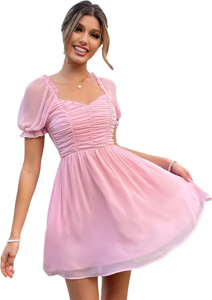 MakeMeChic Women's Puff Sleeve Sweetheart Ruched A Line Swing Short Dress | Amazon (US)