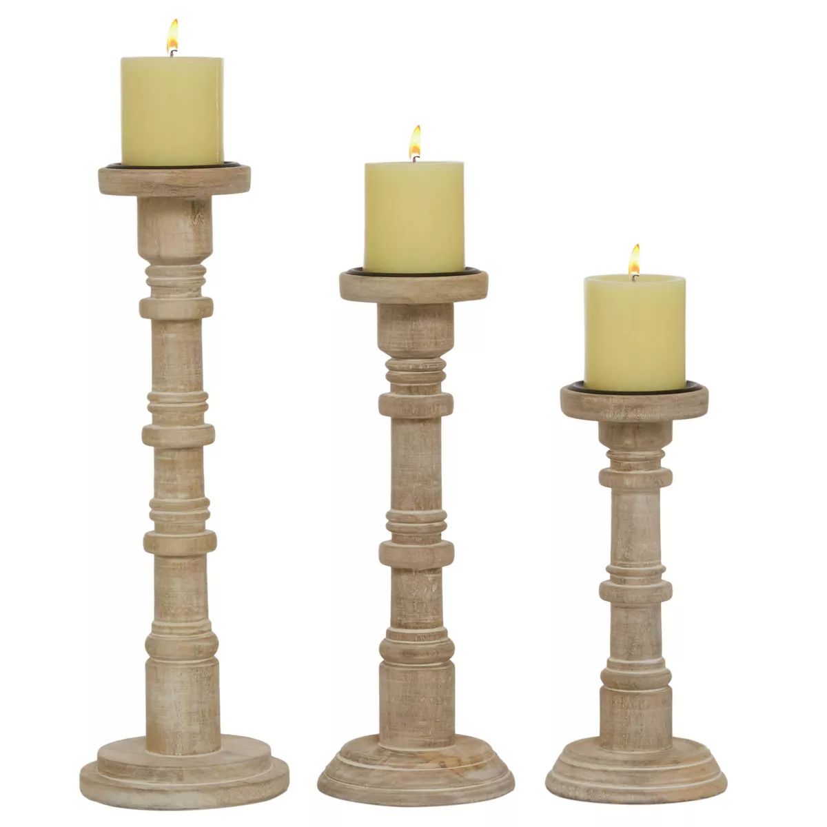 Set of 3 Round Natural Wood Carved Candle Holders - Olivia & May | Target
