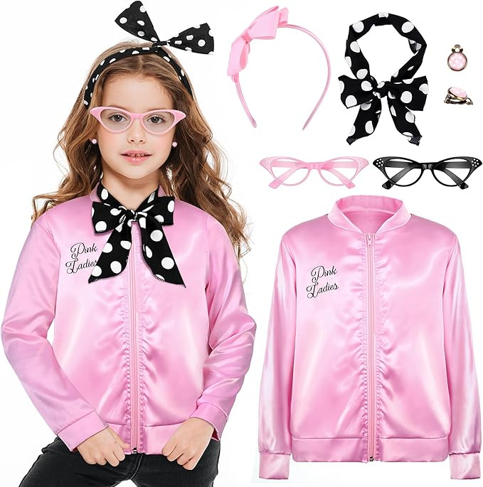 AOTHSO 1950s Girls Pink Satin Jacket with Polka Dot Scarf Headband Earrings and Cat Eye Glasses H... | Amazon (US)