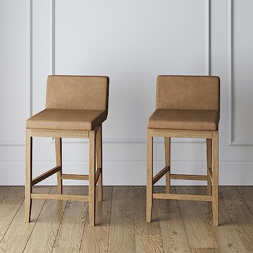 Nathan James Gracie Modern Counter Height Bar Stool with Back, Counter Stool Upholstered Chair with PU Leather and Brushed Wooden Legs, Light Brown, Set of 2 | Amazon (US)