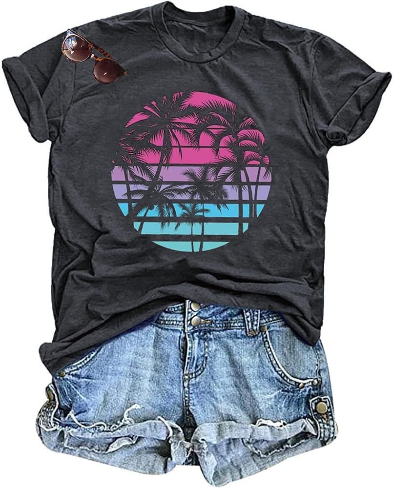 Hawaiian Shirts for Women Palm Trees Beach Graphic Tee Tops Summer Vacation Short Sleeve Tshirt T... | Amazon (US)