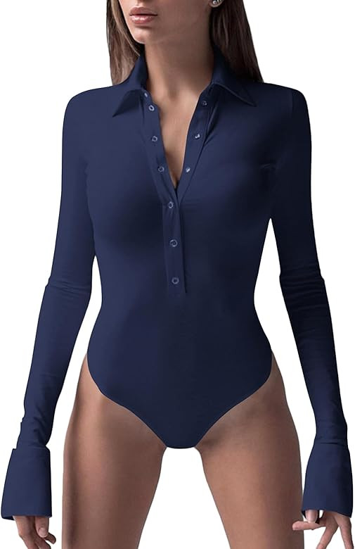 LYANER Women's Collar Neck Button Down Long Sleeve Slim Bodysuit Leotard Tops | Amazon (US)