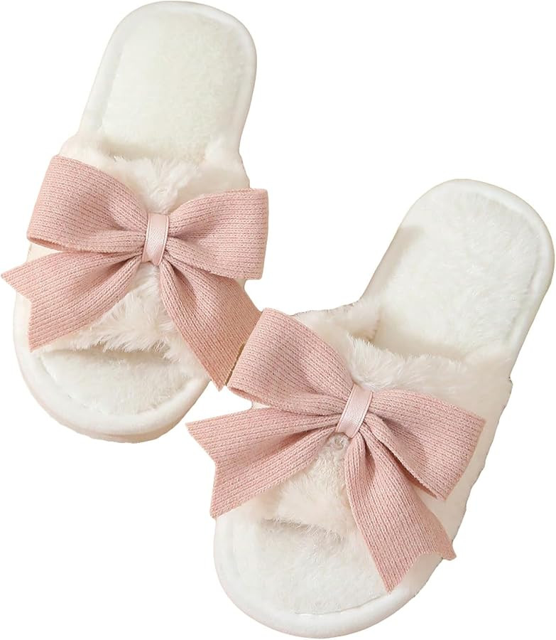 OYOANGLE Women's Cute Bow Decor Fuzzy Open Toe Indoor Home Slippers Fashionable Warm Comfy Furry ... | Amazon (US)