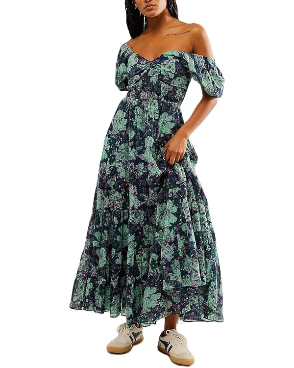 Women Spring Dresses Flowy Smocked Maxi Dress Puff Sleeve Sweetheart Y2K Floral Boho Summer Sundr... | Amazon (US)
