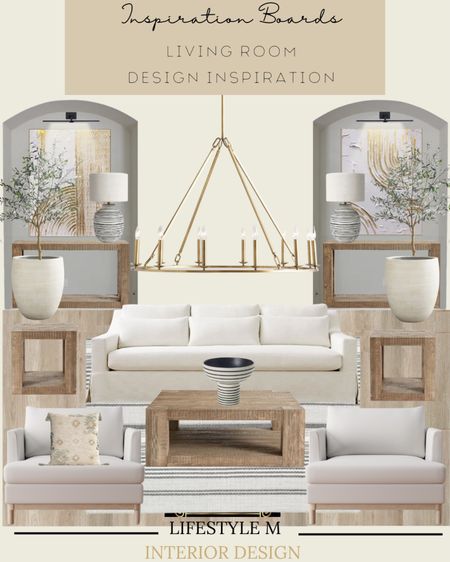 Bright and airy living room inspiration. Get the look at home. White sofa, wood coffee table, wood end table, upholstered accent chair; white stripe living room rug, table vase, throw pillow, table lamp, wood console table, gold brass wheel living room chandelier, wall art, black led gallery light, white tree planter pot, faux fake tree, wood floor tile.

#LTKhome #LTKstyletip #LTKFind