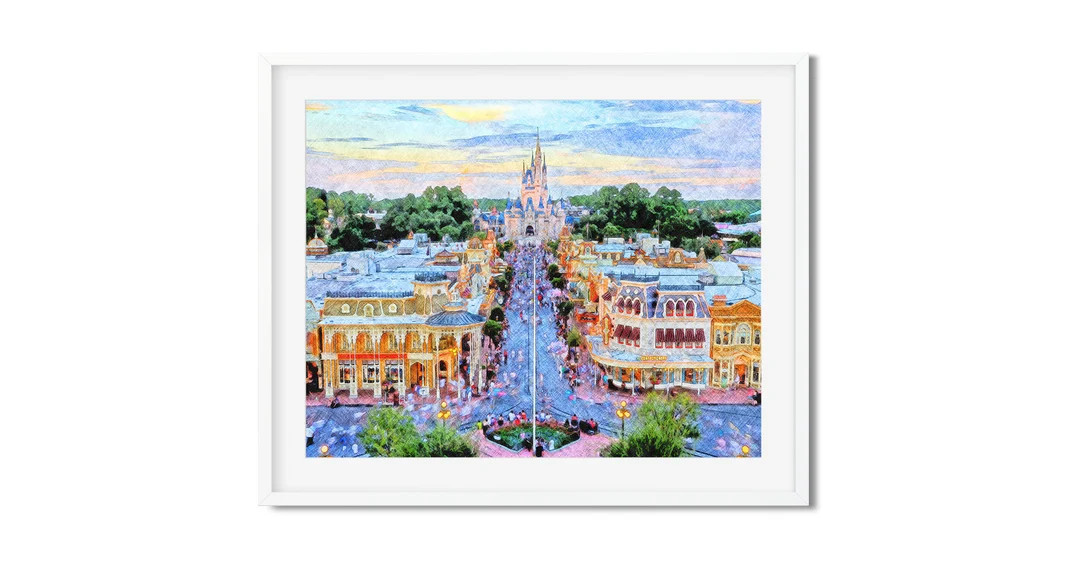 Main Street Pencil Sketch Art Print, Walt Disney World Home Decor, Colorful Art Print for Disney ... | Etsy (US)